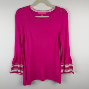Lilly Pulitzer Pink Knit Top Bell Sleeves Gold Button Detail Size S